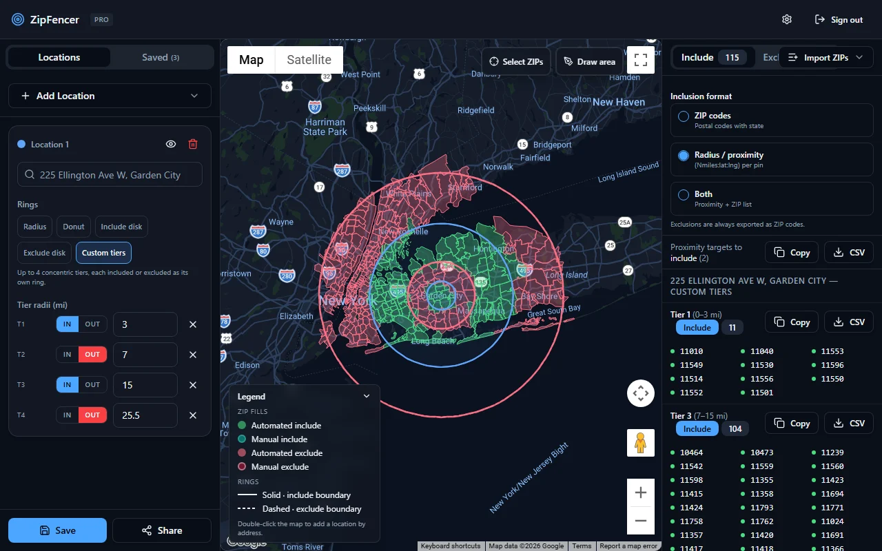 ZipFencer Pro dashboard with Garden City custom tiers, Google Maps dark basemap with include/exclude rings, and ZIP export panel